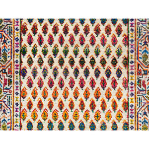 2'7"x8'1" Colorful Wool And Sari Silk Sarouk Mir Inspired With Repetitive Boteh Design Hand Knotted Oriental Runner Rug FWR373986