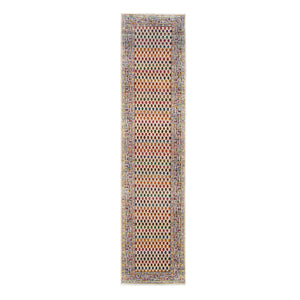 2'4"x10'2" Colorful Wool And Sari Silk Sarouk Mir Inspired With Repetitive Boteh Design Hand Knotted Oriental Runner Rug FWR374028