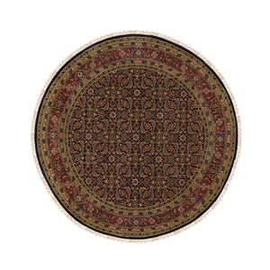 5'10"x5'10" Hand Spun Wool Midnight Blue All Over Herat Fish Design Hand Knotted Oriental Round Rug FWR374106