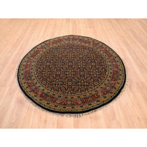 5'10"x5'10" Hand Spun Wool Midnight Blue All Over Herat Fish Design Hand Knotted Oriental Round Rug FWR374106