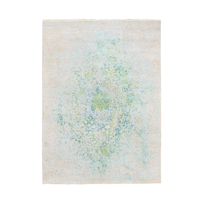 5'x7' Ivory With Touch Of Green Pure Silk With Wool Hand Knotted Oriental Rug FWR374124