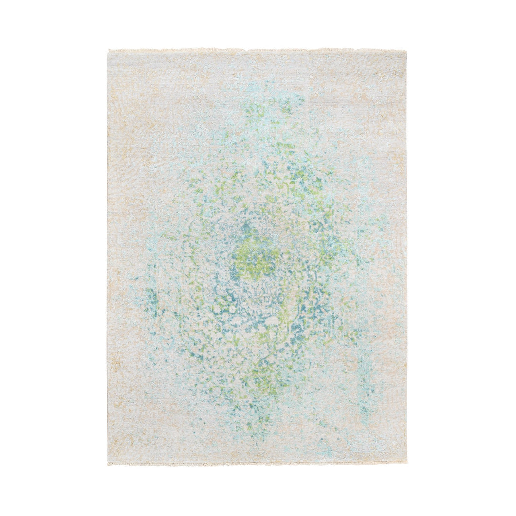 5'x7' Ivory With Touch Of Green Pure Silk With Wool Hand Knotted Oriental Rug FWR374124