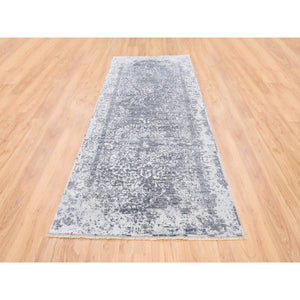 4'1"x10' Broken Persian Design Wool And Pure Silk Grey Hand Knotted Oriental Wide Gallery Runner Rug FWR374130