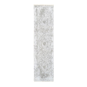 2'7"x10' Grey Broken Persian Design Wool And Pure Silk Hand Knotted Oriental Runner Rug FWR374166