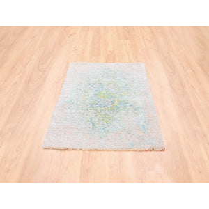 3'1"x5' Pure Silk With Ivory With Touch Of Green Wool Hand Knotted Oriental Rug FWR374172