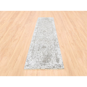 2'7"x10' Hand Knotted Grey Broken Persian Design Wool And Pure Silk Oriental Runner Rug FWR374184