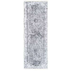 4'1"x12'1" Grey Wool And Pure Silk Broken Persian Design Hand Knotted Oriental Wide Gallery Size Runner Rug FWR374202