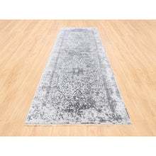 Load image into Gallery viewer, 4&#39;1&quot;x12&#39;1&quot; Grey Wool And Pure Silk Broken Persian Design Hand Knotted Oriental Wide Gallery Size Runner Rug FWR374202