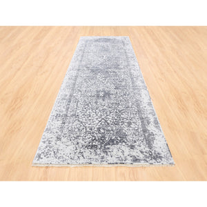 4'1"x12'1" Grey Wool And Pure Silk Broken Persian Design Hand Knotted Oriental Wide Gallery Size Runner Rug FWR374202