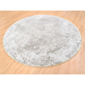 10'x10' Round Grey Broken Persian Design Wool And Pure Silk Hand Knotted Oriental Rug FWR374208