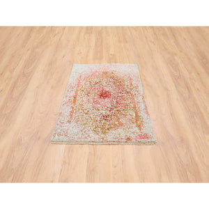 3'1"x4'10" Hand Knotted Pink Wool and Pure Silk Medallion Erased Persian Design Oriental Rug FWR374232