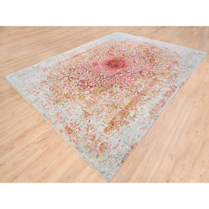 9'1"x12' Pink Wool and Pure Silk Medallion Erased Persian Design Hand Knotted Oriental Rug FWR374238