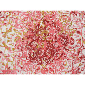 9'1"x12' Pink Wool and Pure Silk Medallion Erased Persian Design Hand Knotted Oriental Rug FWR374238