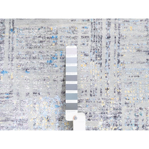 8'1"x10' Dark Gray with Touches of Blue and Yellow Modern Wool And Silk Hand Knotted Oriental Rug FWR374430
