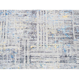 8'1"x10' Dark Gray with Touches of Blue and Yellow Modern Wool And Silk Hand Knotted Oriental Rug FWR374430