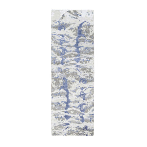 2'7"x8' Beige With Touches Of Blue Modern Wool And Silk Hand Knotted Oriental Rug FWR374604