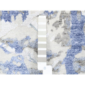 2'7"x8' Beige With Touches Of Blue Modern Wool And Silk Hand Knotted Oriental Rug FWR374604