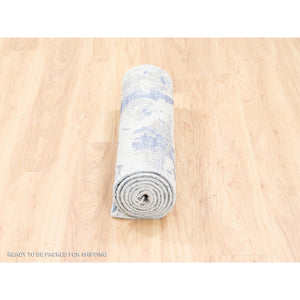 2'7"x8' Beige With Touches Of Blue Modern Wool And Silk Hand Knotted Oriental Rug FWR374604