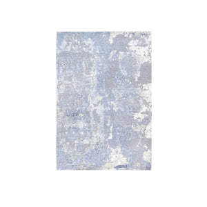 3'1"x5'1" Wool and Silk Gray and Silver Blue Abstract Design Hand Knotted Modern Oriental Rug FWR374610