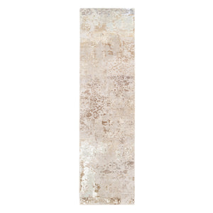 2'9"x10' Beige With A Mix Of Brown Modern Wool And Silk Hand Knotted Oriental Runner Rug FWR374622
