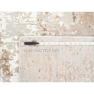 2'9"x10' Beige With A Mix Of Brown Modern Wool And Silk Hand Knotted Oriental Runner Rug FWR374622