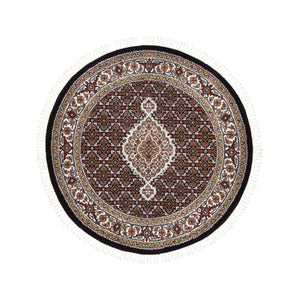 4'1"x4'1" Black Tabriz Mahi Fish Medallion Design Wool Hand Knotted Oriental Rug FWR374670