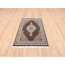 Load image into Gallery viewer, 3&#39;10&quot;x6&#39; Hand Knotted Black Tabriz Mahi Fish Medallion Design Wool Oriental Rug FWR374928
