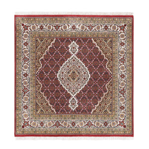 5'x5' Hand Knotted Red Tabriz Mahi Fish Medallion Design Wool Oriental Square Rug FWR375318