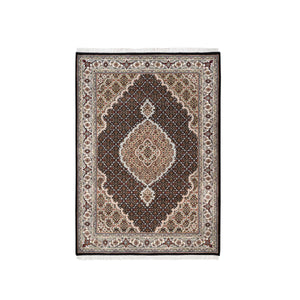 4'2"x6'1" Hand Knotted Black Tabriz Mahi Fish Medallion Design Wool And Silk Oriental Rug FWR375414