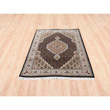 Load image into Gallery viewer, 4&#39;2&quot;x6&#39;1&quot; Hand Knotted Black Tabriz Mahi Fish Medallion Design Wool And Silk Oriental Rug FWR375414