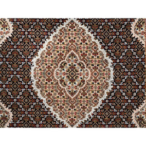 4'2"x6'1" Hand Knotted Black Tabriz Mahi Fish Medallion Design Wool And Silk Oriental Rug FWR375414