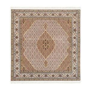 6'9"x6'9" Ivory Wool Fish Medallion Design Tabriz Mahi Hand Knotted Square Oriental Rug FWR375660