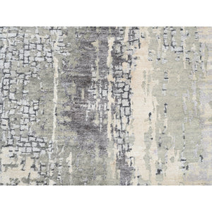 2'8"x7'10" Wool and Silk Taupe Abstract with Mosaic Design Hand Knotted Persian Knot Oriental Runner Rug FWR375858