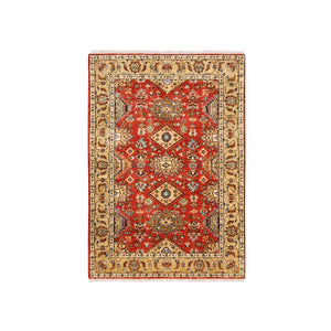 4'1"x6' Red With A Mix Of Gold Karajeh Design Organic Wool Hand Knotted Oriental Rug FWR375906