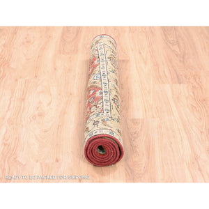 4'1"x6' Red With A Mix Of Gold Karajeh Design Organic Wool Hand Knotted Oriental Rug FWR375906