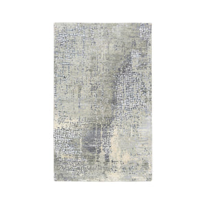 3'1"x5' Hand Knotted Taupe Wool and Silk Abstract with Mosaic Design Persian Knot Oriental Rug FWR376134