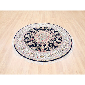 6'x6' Midnight Blue Nain with Center Medallion Flower Design 250 KPSI Pure Wool Hand Knotted Round Oriental Rug FWR376626