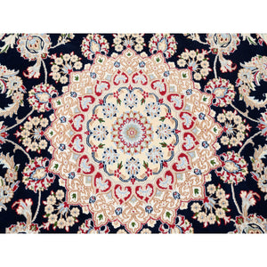 6'x6' Midnight Blue Nain with Center Medallion Flower Design 250 KPSI Pure Wool Hand Knotted Round Oriental Rug FWR376626