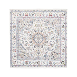 7'1"x7'1" Ivory Pure Wool 250 KPSI Hand Knotted Nain with Center Medallion Flower Design Fine Oriental Square Rug FWR376842