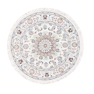 4'2"x4'2" Ivory Round Pure Wool 250 KPSI Hand Knotted Nain with Center Medallion Flower Design Fine Oriental Rug FWR376866