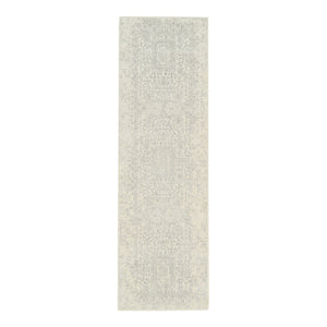 2'6"x8' Beige Wool and Plant Based Silk Hand Loomed Fine Jacquard with Erased Design Oriental Runner Rug FWR377076
