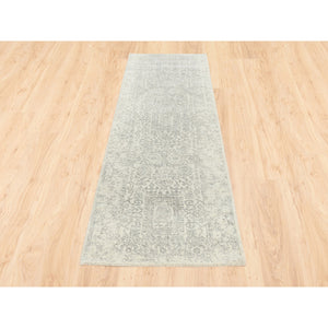2'6"x8' Beige Wool and Plant Based Silk Hand Loomed Fine Jacquard with Erased Design Oriental Runner Rug FWR377076