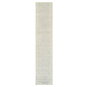 2'6"x12' Beige Wool and Plant Based Silk Hand Loomed Fine Jacquard with Erased Design Oriental Runner Rug FWR377130