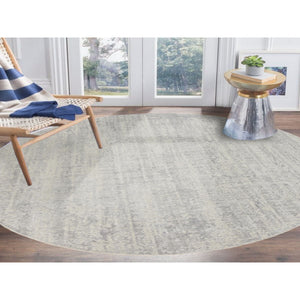 8'10"x8'10" Gray Fine Jacquard Wool and Plant Based Silk Tone on Tone Hand Loomed Oriental Round Rug FWR377184