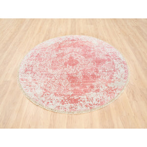 6'x6' Hand Knotted Pink Broken Persian Medallion Design Wool and Pure Silk Oriental Round Rug FWR377250