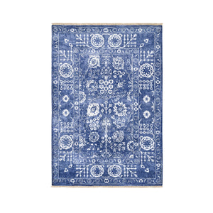 4'1"x6'1" Denim Blue Tone On Tone Tabriz Hand Knotted Wool and Silk Oriental Rug FWR377772