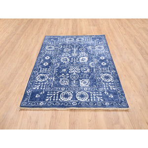 4'1"x6'1" Denim Blue Tone On Tone Tabriz Hand Knotted Wool and Silk Oriental Rug FWR377772