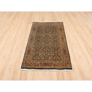 3'1"x5'2" Midnight Blue Herati All Over Fish Design Dense Weave Hand Knotted 250 KPSI Wool Oriental Rug FWR377874