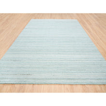 Load image into Gallery viewer, 9&#39;1&quot;x12&#39; Ivory with Turquoise Modern Design Plain Hand Loomed Natural Wool Oriental Rug FWR378252