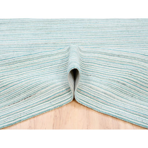 9'1"x12' Ivory with Turquoise Modern Design Plain Hand Loomed Natural Wool Oriental Rug FWR378252